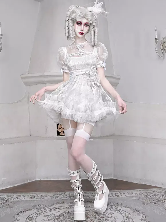 Gothic Lolita Dresses Bow Ruffles Lace White Dress