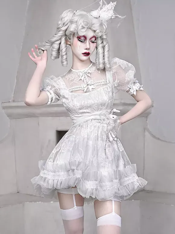 Gothic Lolita Dresses Bow Ruffles Lace White Dress