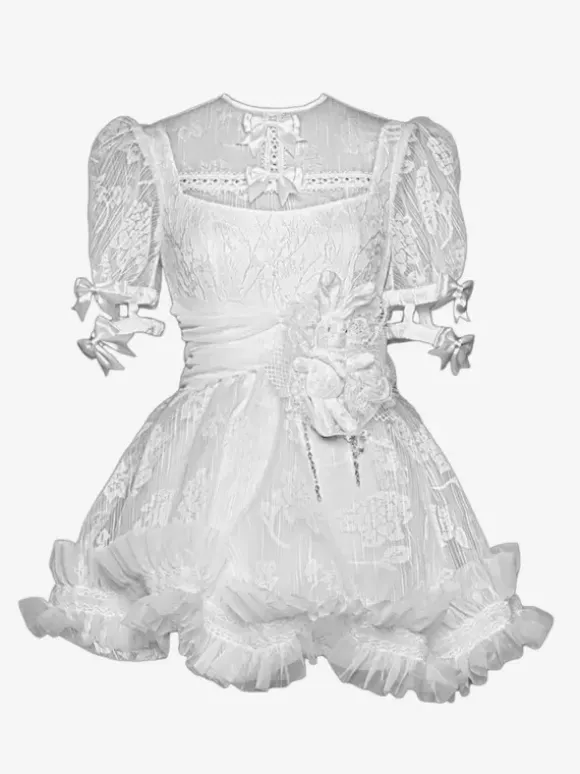 Gothic Lolita Dresses Bow Ruffles Lace White Dress