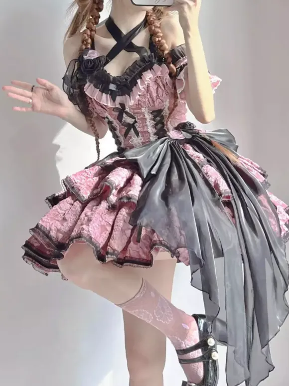 Gothic Lolita Dresses Flowers Ruffles Floral Print Pink Pink