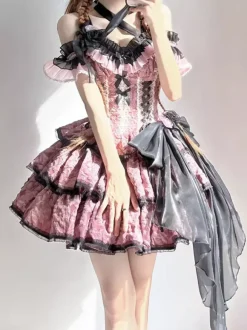 Gothic Lolita Dresses Flowers Ruffles Floral Print Pink Pink