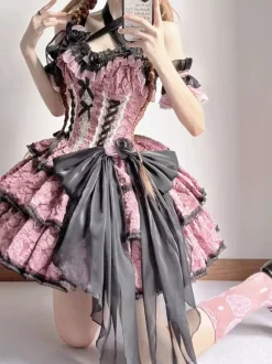 Gothic Lolita Dresses Flowers Ruffles Floral Print Pink Pink