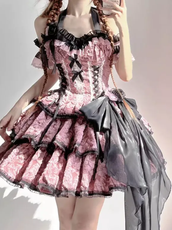 Gothic Lolita Dresses Flowers Ruffles Floral Print Pink Pink