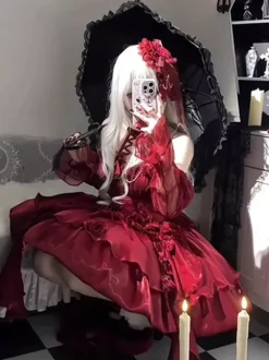 Gothic Lolita Dresses JSK Burgundy Flowers Ruffles Slip Dress