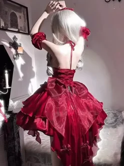 Gothic Lolita Dresses JSK Burgundy Flowers Ruffles Slip Dress