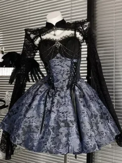 Gothic Lolita Dresses Lace Up Red And Black Long Sleeves Off-Shoulder Corset JSK With Lace Bolero
