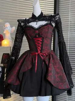 Gothic Lolita Dresses Lace Up Red And Black Long Sleeves Off-Shoulder Corset JSK With Lace Bolero