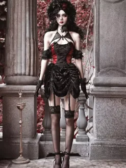 Gothic Lolita Dresses Lace Pleated Color Block Black Dress