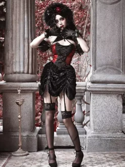 Gothic Lolita Dresses Lace Pleated Color Block Black Dress