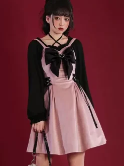 Gothic Lolita Dresses Lace Up Bows Black Pink