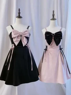 Gothic Lolita Dresses Lace Up Bows Black Pink