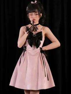 Gothic Lolita Dresses Lace Up Bows Black Pink