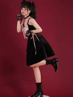 Gothic Lolita Dresses Lace Up Bows Black Pink