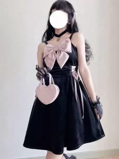 Gothic Lolita Dresses Lace Up Bows Black Pink