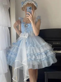 Gothic Lolita Dresses Lace Ruffles White Jsk Suspender Dress
