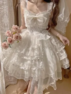 Gothic Lolita Dresses Lace Ruffles White Jsk Suspender Dress