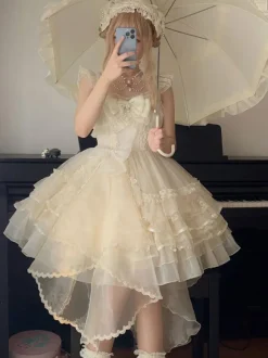 Gothic Lolita Dresses Lace Ruffles White Jsk Suspender Dress