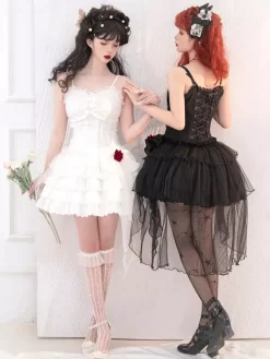 Gothic Lolita Dresses Pearls Bows Black White Adjustable Elastic