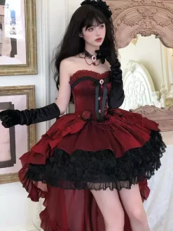 Gothic Lolita Dresses Red Black Sweetheart Strapless Ruffles Bows Short Lolita Dress