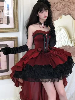 Gothic Lolita Dresses Red Black Sweetheart Strapless Ruffles Bows Short Lolita Dress
