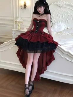 Gothic Lolita Dresses Red Black Sweetheart Strapless Ruffles Bows Short Lolita Dress