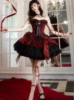 Gothic Lolita Dresses Red Black Sweetheart Strapless Ruffles Bows Short Lolita Dress
