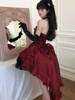 Gothic Lolita Dresses Red Black Sweetheart Strapless Ruffles Bows Short Lolita Dress