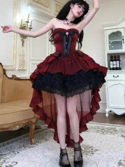 Gothic Lolita Dresses Red Black Sweetheart Strapless Ruffles Bows Short Lolita Dress