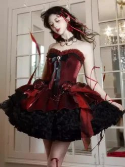 Gothic Lolita Dresses Red Black Sweetheart Strapless Ruffles Bows Short Lolita Dress