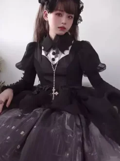 Gothic Lolita Dresses Ruffles Bows Floral Print Black Black