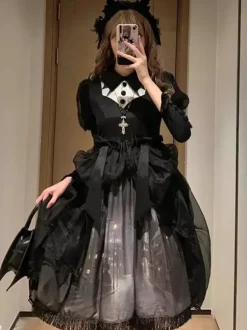 Gothic Lolita Dresses Ruffles Bows Floral Print Black Black