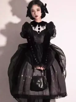 Gothic Lolita Dresses Ruffles Bows Floral Print Black Black