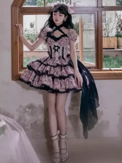 Gothic Lolita Dresses Ruffles Bows Floral Print Pink Pink