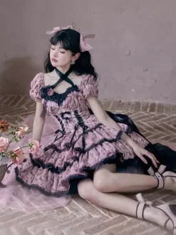 Gothic Lolita Dresses Ruffles Bows Floral Print Pink Pink