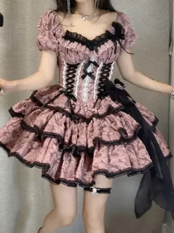 Gothic Lolita Dresses Ruffles Bows Floral Print Pink Pink