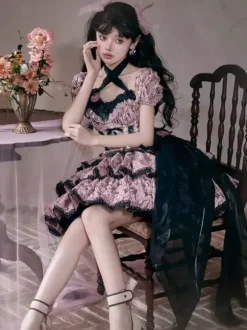 Gothic Lolita Dresses Ruffles Bows Floral Print Pink Pink