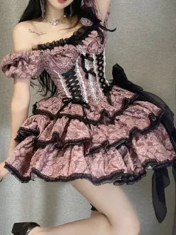 Gothic Lolita Dresses Ruffles Bows Floral Print Pink Pink
