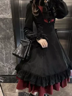 Gothic Lolita Dresses Ruffles Lace Up Black Burgundy Long Sleeves Tiered Ruffle JSK Dress