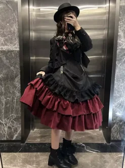 Gothic Lolita Dresses Ruffles Lace Up Black Burgundy Long Sleeves Tiered Ruffle JSK Dress
