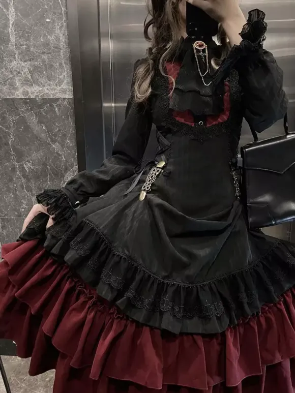 Gothic Lolita Dresses Ruffles Lace Up Black Burgundy Long Sleeves Tiered Ruffle JSK Dress