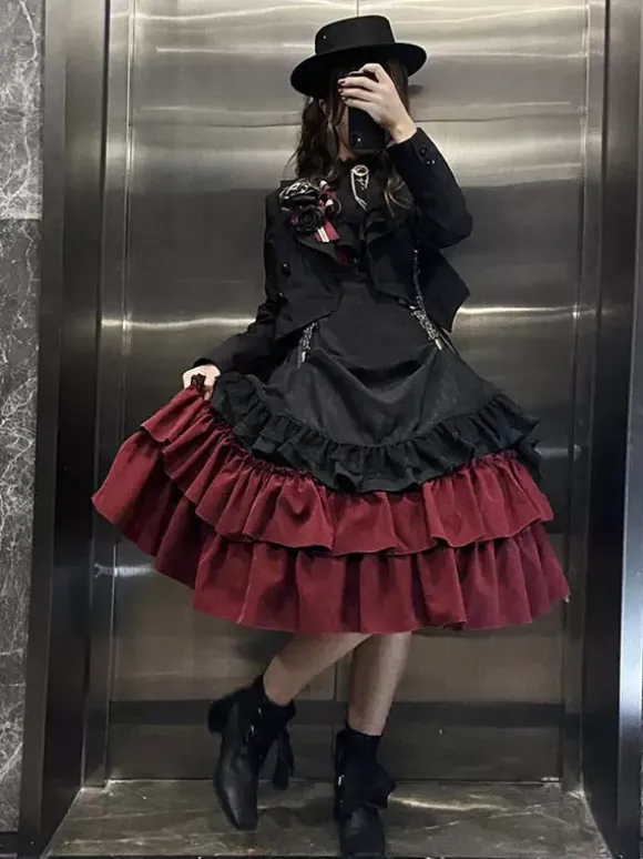 Gothic Lolita Dresses Ruffles Lace Up Black Burgundy Long Sleeves Tiered Ruffle JSK Dress