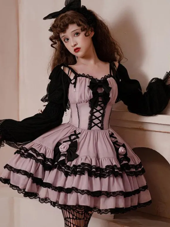 Gothic Lolita Dresses Ruffles Flowers Spicy Girl's Cute Lantern Sleeve Princess Dress