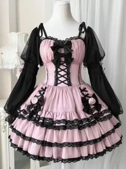 Gothic Lolita Dresses Ruffles Flowers Spicy Girl's Cute Lantern Sleeve Princess Dress