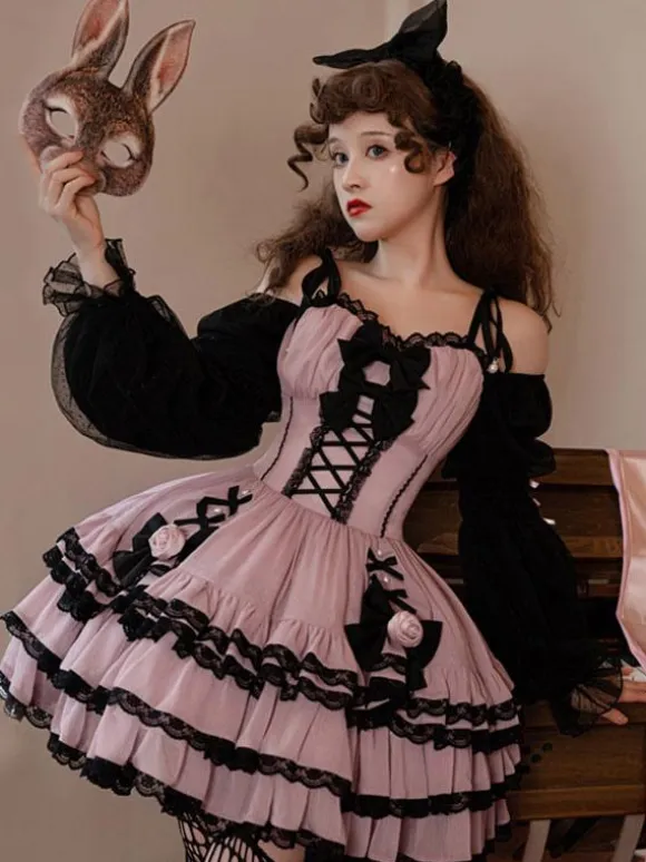 Gothic Lolita Dresses Ruffles Flowers Spicy Girl's Cute Lantern Sleeve Princess Dress
