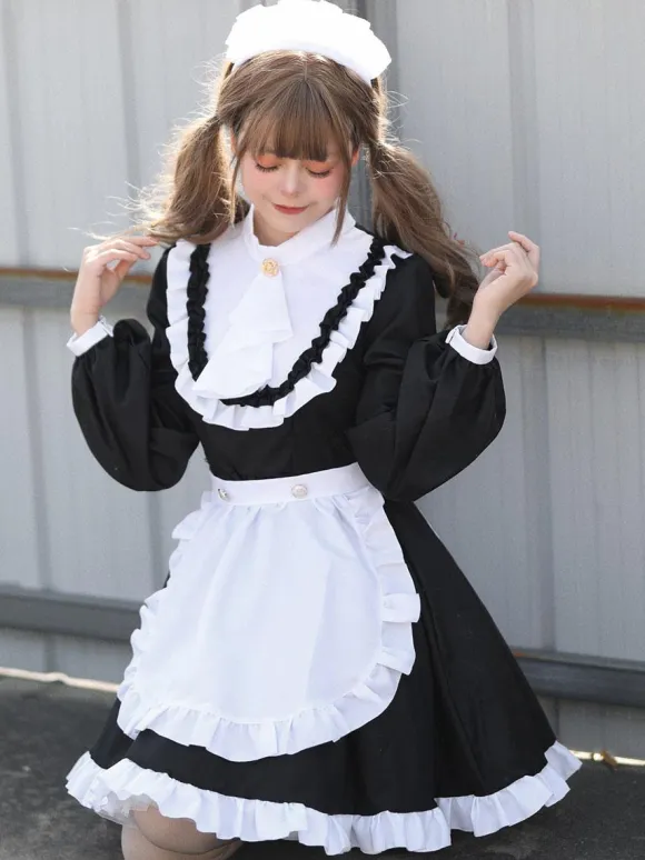 Gothic Lolita Dresses Ruffles British Maid Long Sleeve Costume