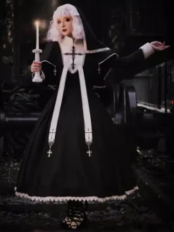 Gothic Lolita Dresses Ruffles Cross Color Block Black Black