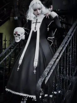 Gothic Lolita Dresses Ruffles Cross Color Block Black Black