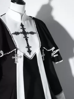 Gothic Lolita Dresses Ruffles Cross Color Block Black Black