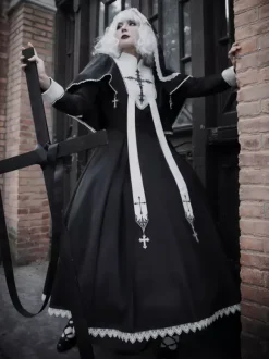 Gothic Lolita Dresses Ruffles Cross Color Block Black Black