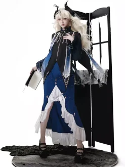 Gothic Lolita Dresses Ruffles Dark Navy Elegant Victorian Astrologer Top Capelet Mermaid Skirt Two-piece Set